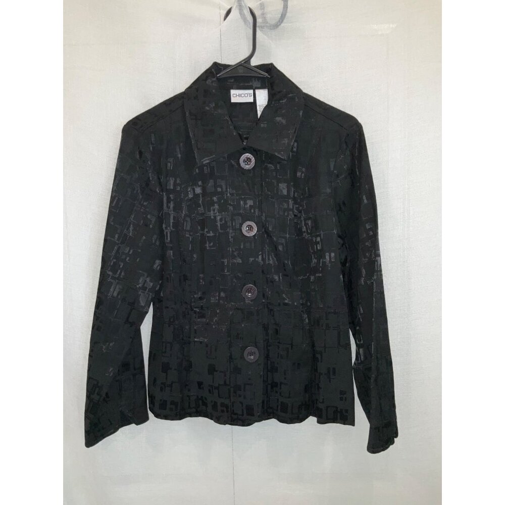 Chicos Black Button-Down Jacket Size 1 Geometric … - image 1